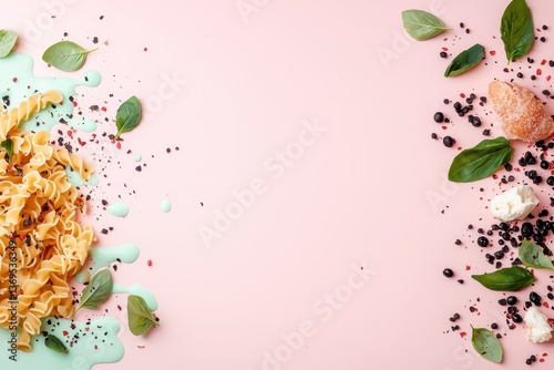 Pink Background with Pasta, Berries, Cheese, and Basil.