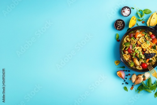 Delicious Vegetable Pasta in a Black Pan on a Blue Background