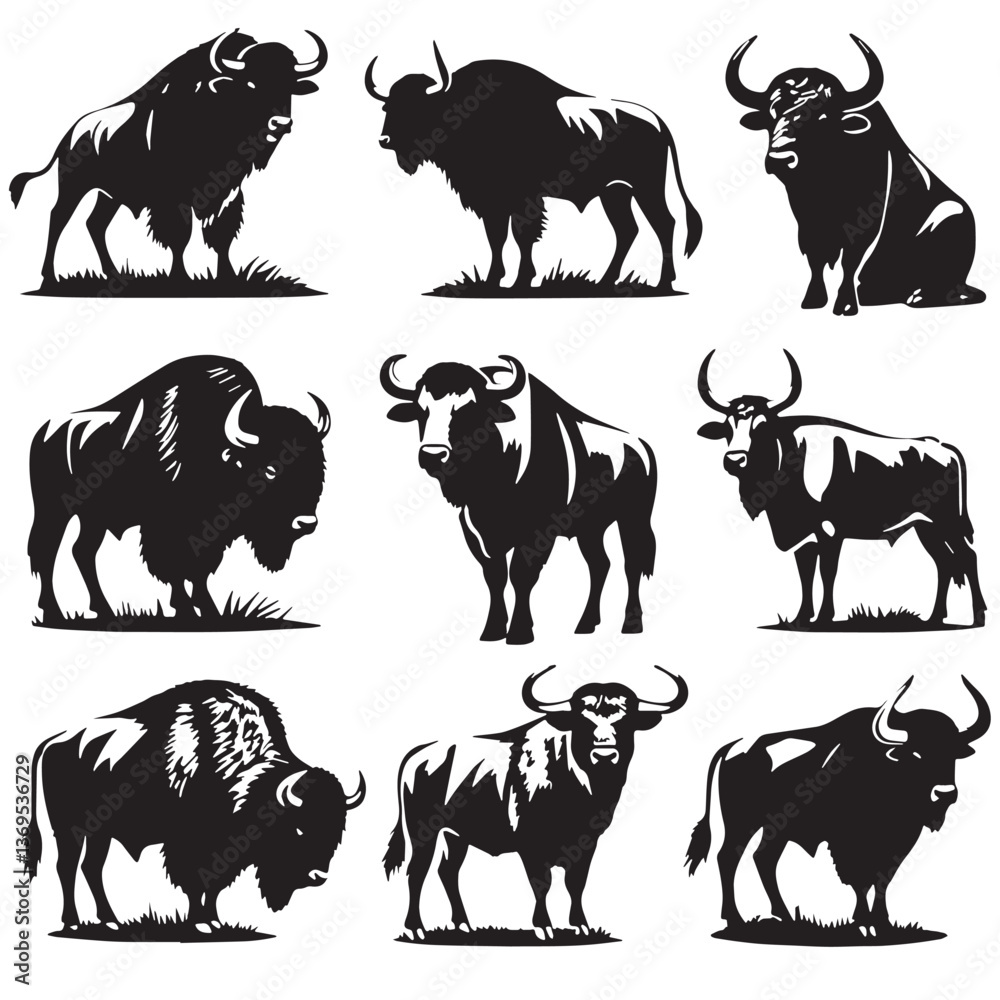 Fototapeta premium Black Aurochs Silhouette Vector, High Quality Illustration on White Background
