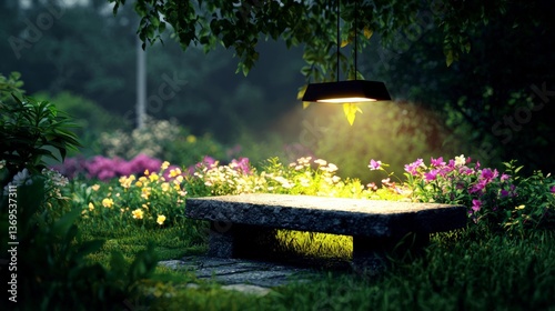 Serene Evening Garden Scene Stone Bench Illuminated by Hanging Lamp Under Tree Canopy