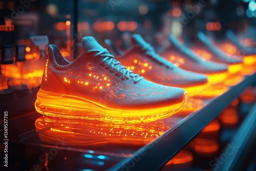 Modern interactive display of innovative footwear with vibrant lighting effects creating a futuristic shopping experience