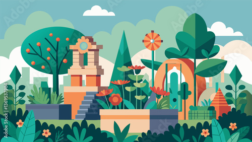A public art project in the form of a garden featuring creative sculptures made from recycled materials and a living wall of flowers.. Vector illustration