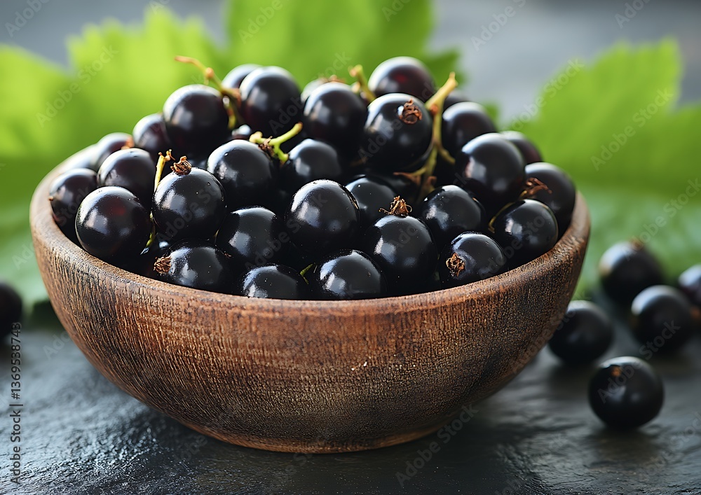 Black Currants in Wooden Bowl on Dark Stone Black Currants in Wooden Bowl on Dark Stone