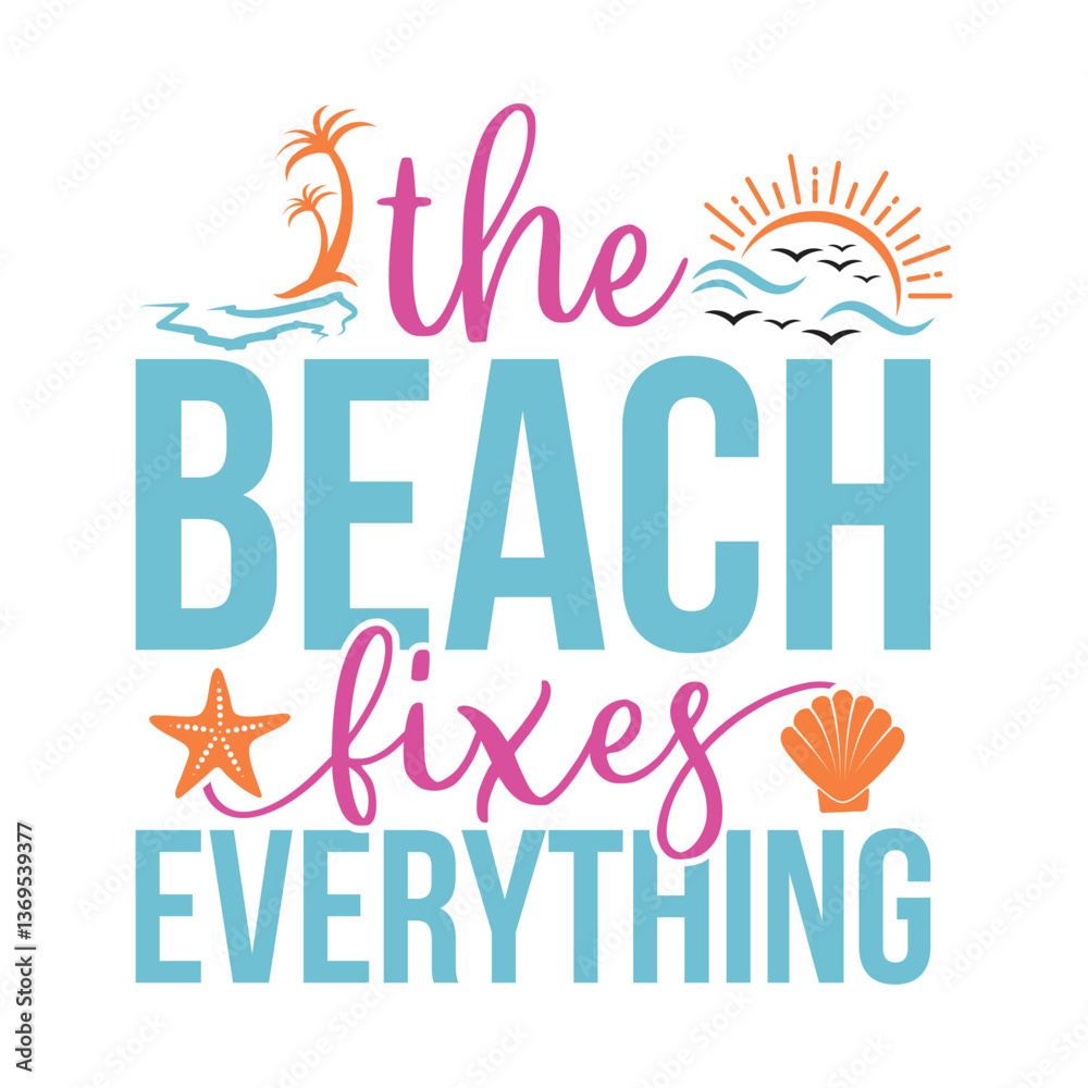 Obraz premium Retro The Beach Fixes Everything Illustration Design with Sunset, Birds, Palm Tree, Wave, Starfish, and Seashell