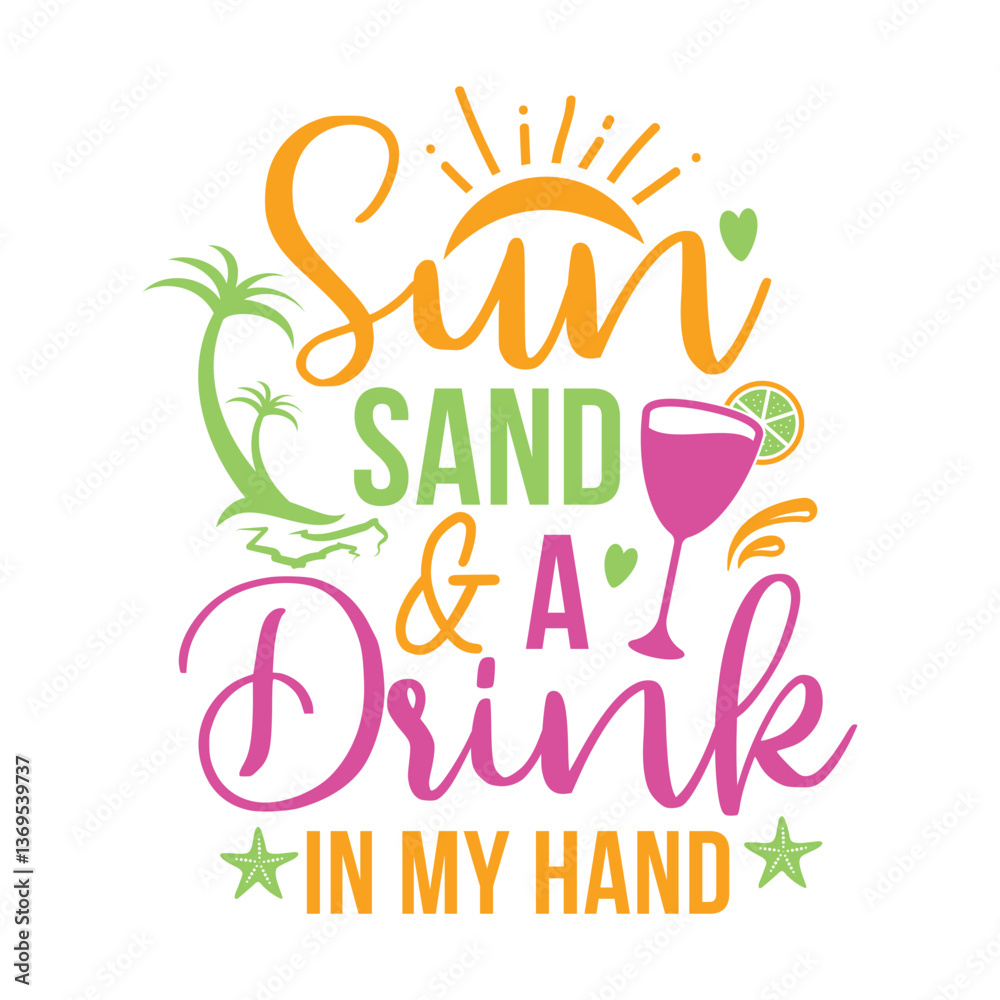 Obraz premium Retro Sun Sand & A Drink In My Hand Tropical Graphic Design with a Sun, Palm Tree, Drink Glass, Lime Slice, Heart, and Stars
