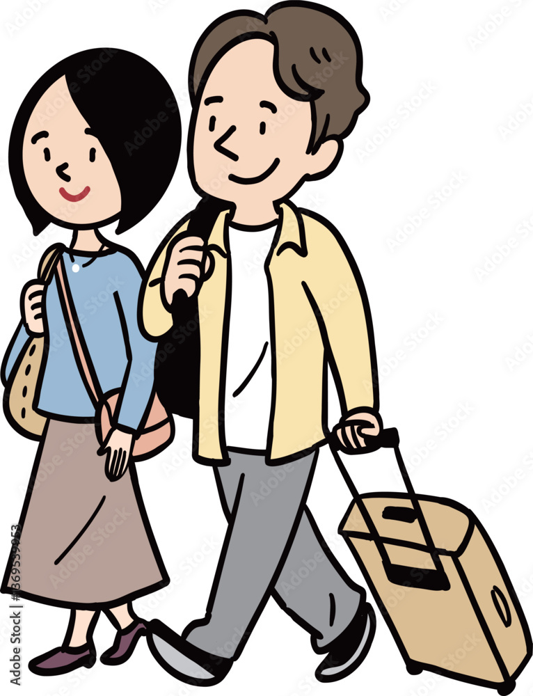 夫婦で旅行に出る楽しそうな男女 夫婦で旅行に出る楽しそうな男女