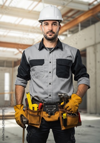 Confident worker stands proudly showcasing tools in bright construction site. AI Generated