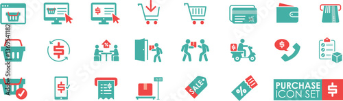 Purchase icons set in solid style, containing payment, transaction, discount, sale, order, delivery and more
