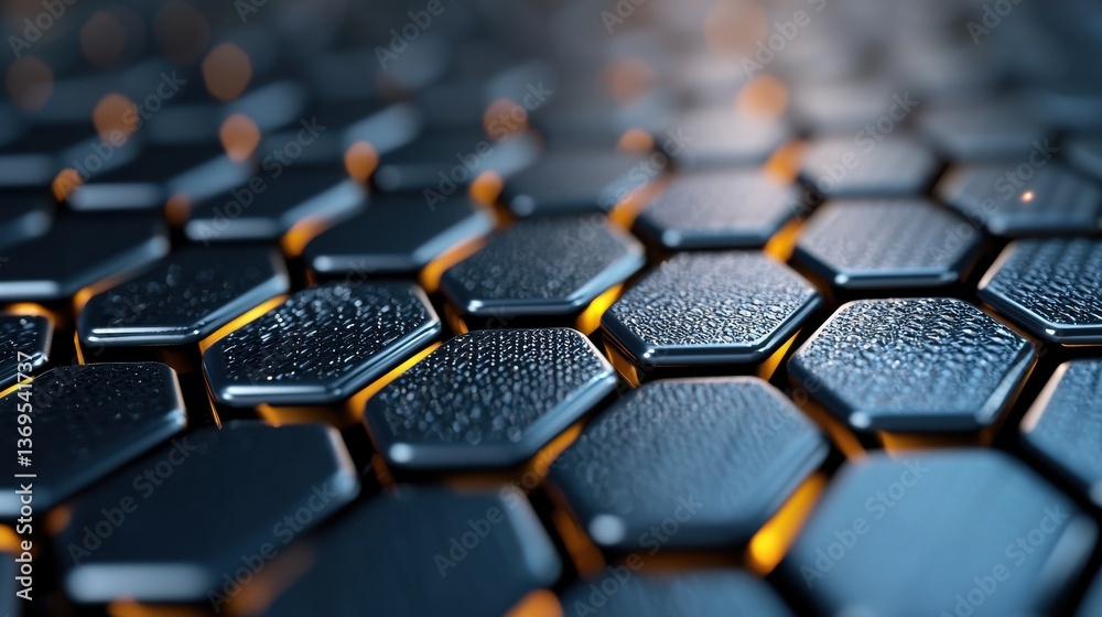 Fototapeta premium Futuristic abstract background featuring a striking hexagonal carbon fiber surface with a reflective metallic finish and repeating geometric patterns The dark industrial style design creates a sleek