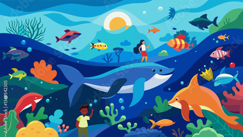 A vibrant underwater scene painted by community members highlighting the importance of ocean conservation.. Vector illustration