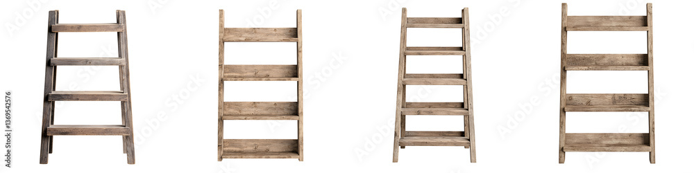 A collection of four rustic wooden ladders with varying numbers of steps designed for storage display or as decorative accents in a variety of interior settings A collection of four rustic wooden ladders with varying numbers of steps designed for storage display or as decorative accents in a variety of interior settings