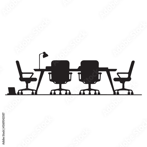 Silhouette of a conference room with chairs, a table, and a lamp