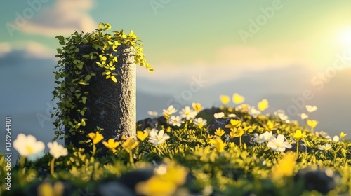 Serene Sunset Stone Pillar with Climbing Vine and Spring Flowers
