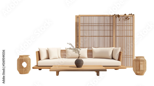 Minimalist Boho Outdoor Lounge with Rattan Furniture and Wooden Decor