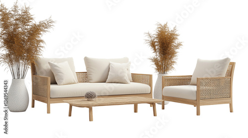 Elegant Bohemian Outdoor Furniture Set with Natural Rattan and Cozy Cushions