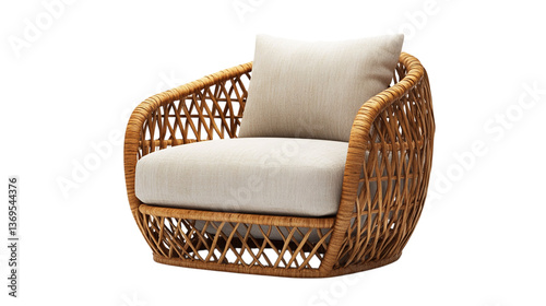 Modern Rattan Wicker Armchair with Beige Cushions Isolated on White Background