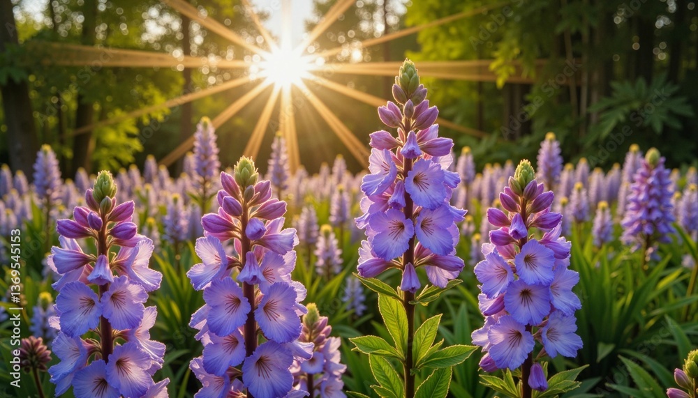 Obraz premium Purple flowers blooming in sunlight against green foliage