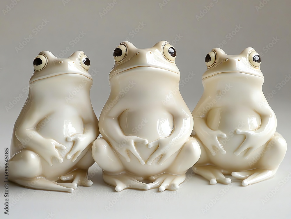 Obraz premium Three charming amphibian figurines sitting together on a neutral surface