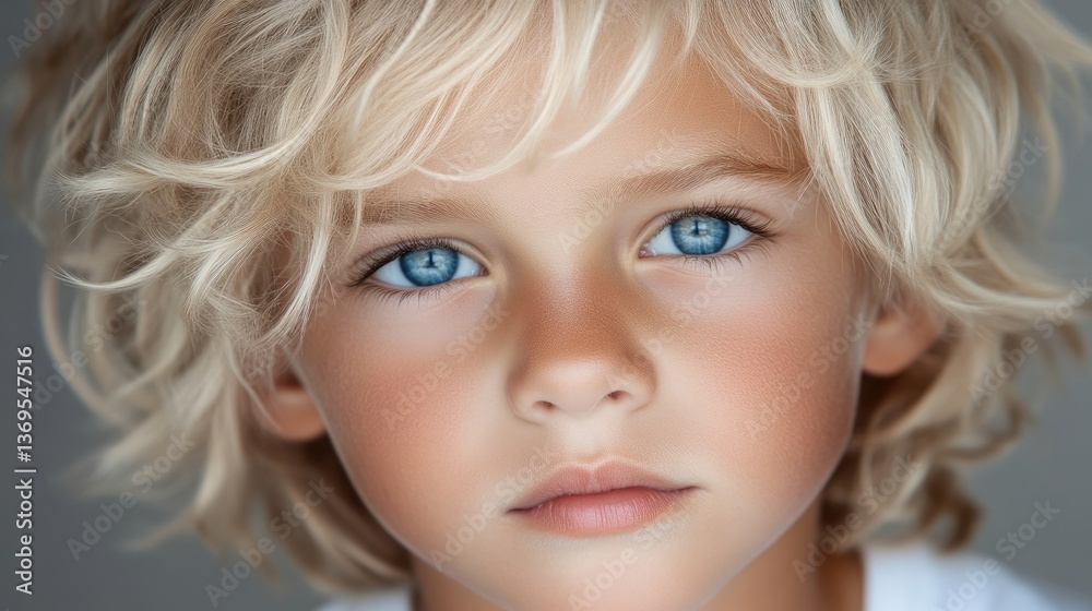 Close-up portrait of a young boy with light blonde curly hair and bright blue eyes Close-up portrait of a young boy with light blonde curly hair and bright blue eyes