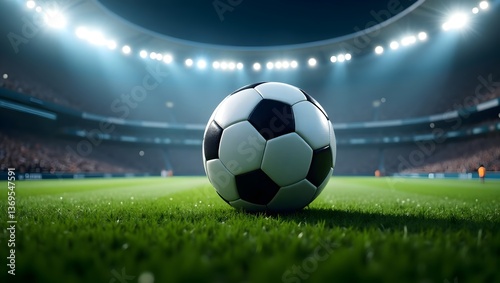 Soccer Ball on Stadium Field at Night, Close-up