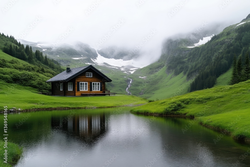 Fototapeta premium Peaceful alpine chalet by a tranquil lake