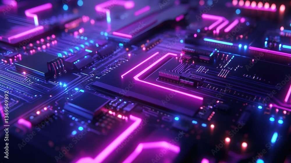 Abstract cyberpunk neon circuit board glowing in blue and purple, symbolizing futuristic technology and digital innovation. Abstract cyberpunk neon circuit board glowing in blue and purple, symbolizing futuristic technology and digital innovation.