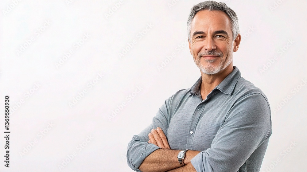Fototapeta premium Confident Middle-Aged Man Smiling in Casual Attire Against Plain Background