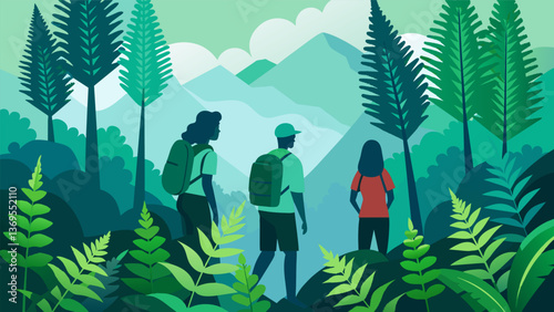 Lush ferns and towering ferns provide a lush backdrop as the hikers learn about the important role of these plants in maintaining the health of the. Vector illustration
