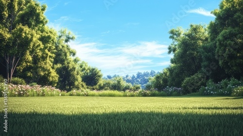 Serene Summer Meadow Landscape Lush Green Grass Sunlight and Trees