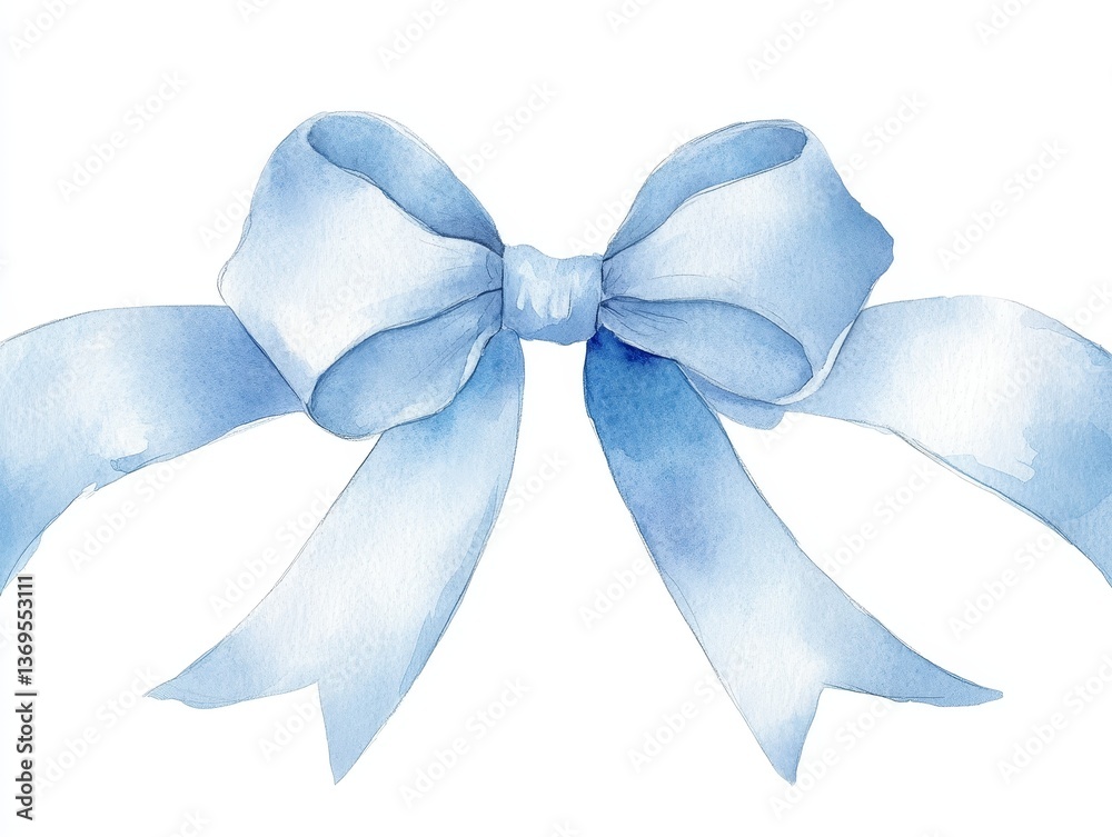 Elegant thin coquette-style ribbon in soft pastel blue on a white background. High-resolution watercolor illustration with delicate neutral tones, perfect for nursery art and decorative design.