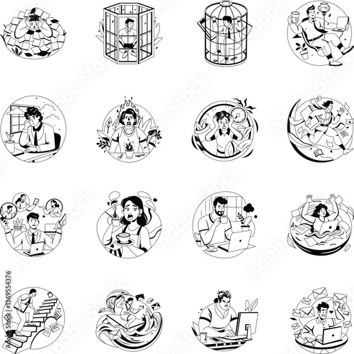 PrintCollection of Workaholic Characters Glyph Illustrations 
