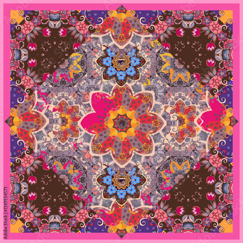 A wonderful design of a colorful shawl or square carpet with a large mandala flower in the center and small tulips in the corners. Vector illustration.