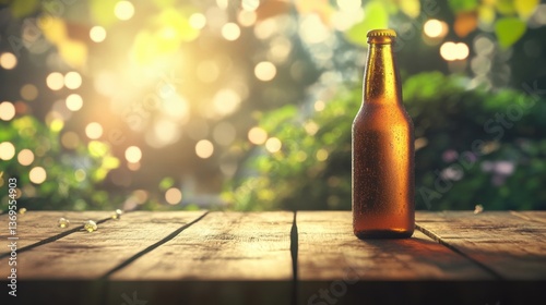 Golden beer bottle on rustic wooden table with soft sunlight and bokeh background during late afternoon