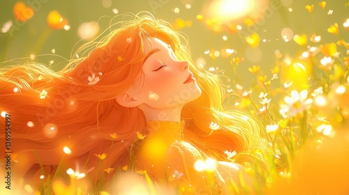 Serene Young Woman Resting in Sunny Field of Flowers Golden Hair Flows Freely Peaceful Summer Scene