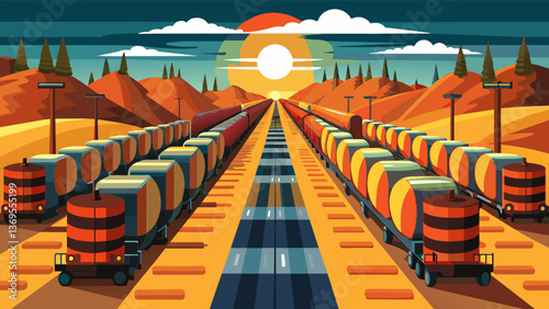 A rail yard packed with rows of train cars each one loaded with dozens of barrels of crude oil.. Vector illustration