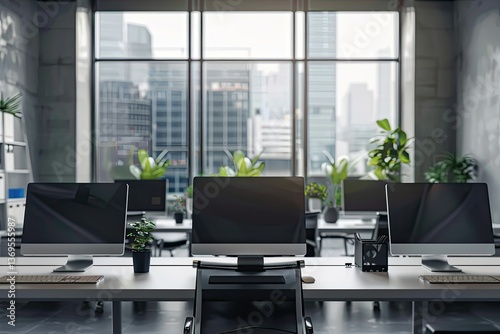 Grey Office Interior with Pc Computers and Panoramic Window Mockup Frame