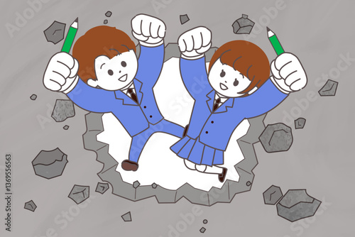 コンクリートの壁を壊してジャンプする高校生男女のイラスト　壁を破るイメージイラスト