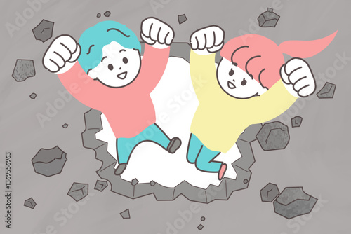 コンクリートの壁を壊して通り抜ける若い男女のイラスト　壁を破るイメージイラスト
