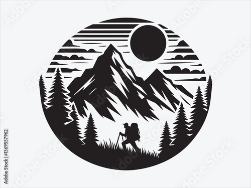  Mountain Adventure Silhouette with Majestic Peaks and Explorer in Dynamic Pose