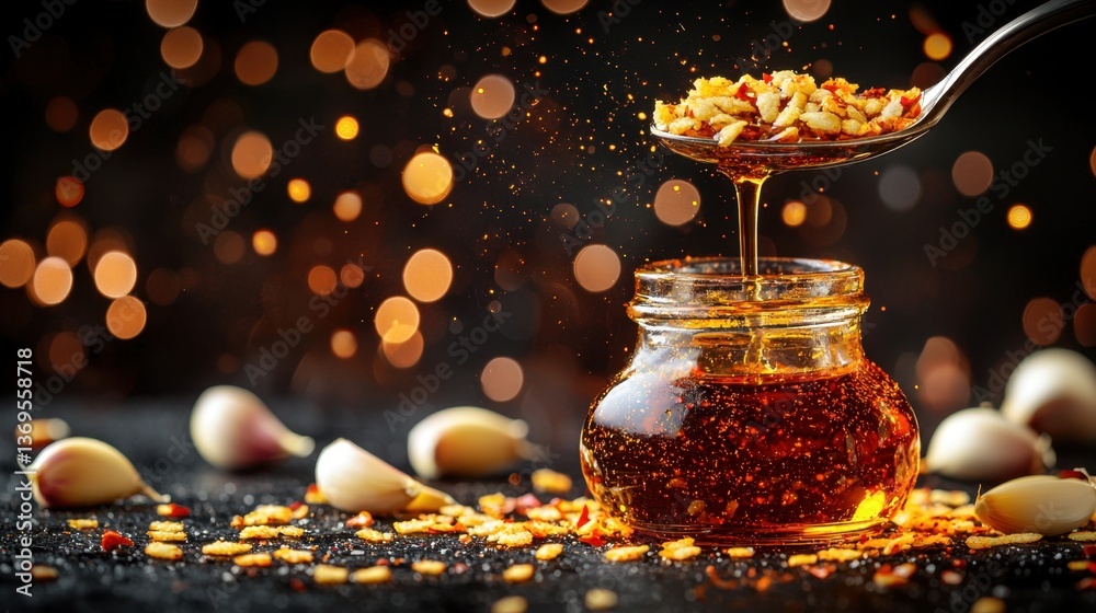 A jar of honey with nuts is being drizzled, surrounded by garlic cloves and sparkling bokeh lights, creating an appetizing and warm ambiance. A jar of honey with nuts is being drizzled, surrounded by garlic cloves and sparkling bokeh lights, creating an appetizing and warm ambiance.