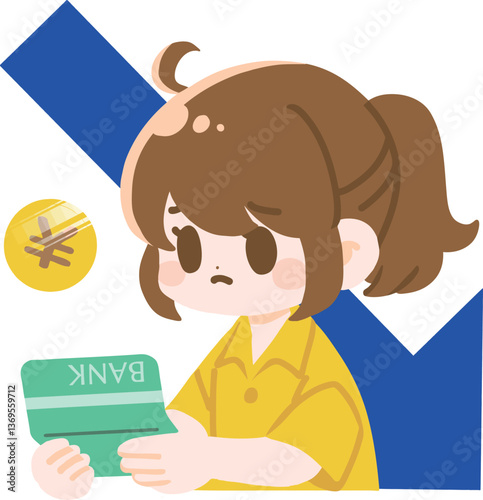 資産(お小遣い)が減っていく女性のイラスト　運用　金融イメージ素材　主線なし