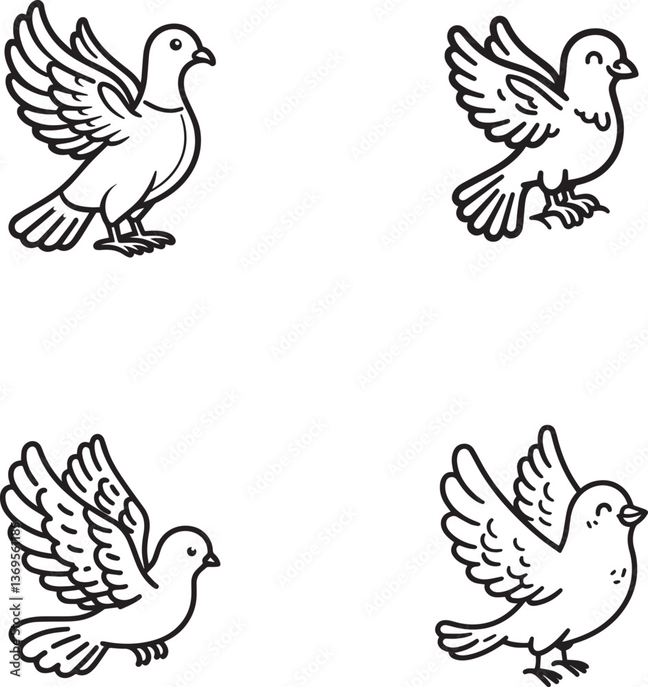 Fototapeta premium Cartoon Pigeon and Dove Character Set – Cute Flying Bird Outlines for Coloring and Kids Design