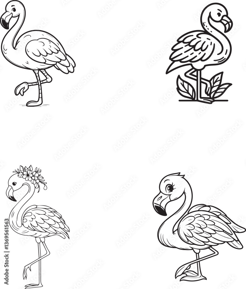 Fototapeta premium Cartoon Flamingo Character Set – Cute Flamingo Outlines and Standing Bird Illustrations for Kids and Coloring Pages
