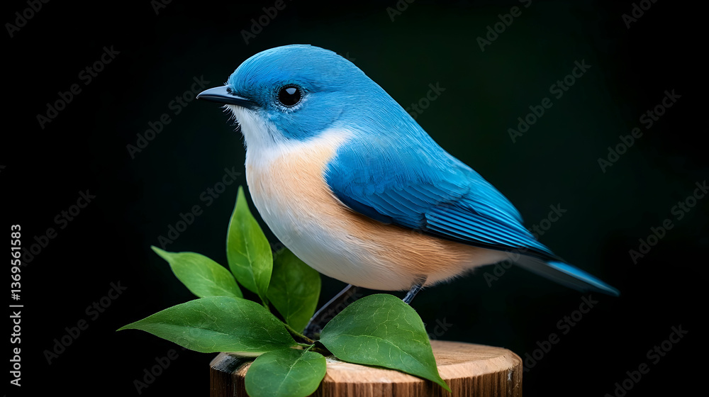 Obraz premium A Vibrant Blue Bird Perched on Green Leaves Against a Dark Background