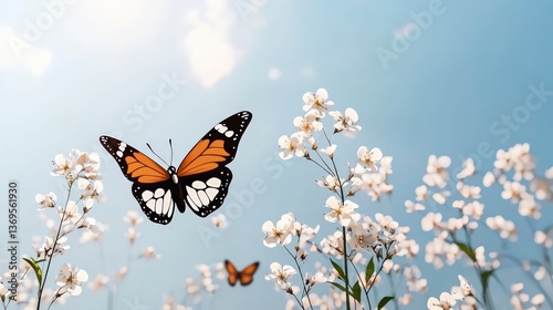 Beautiful Monarch Butterfly Flying Over Delicate White Flowers in Sunny Day