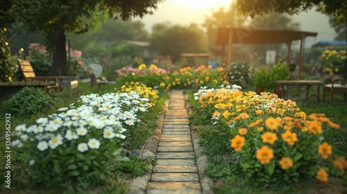 Serene Garden Path with Blooming White and Yellow Flowers at Sunset