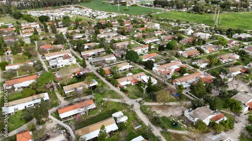 Kibbutz Kfar Masaryk skyline in western Galilee, north Israel, Aerial view