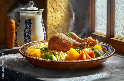 chicken Meat and vegetable couscous in a tajine plate, typical food from Algeria, a traditional festive Arabic dish with herbs and spices and splash milk near window