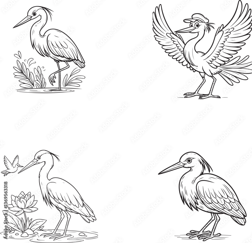Obraz premium Cartoon Heron and Crane Bird Set – Cute Wetland Bird Outlines and Illustrations for Coloring and Kids Design