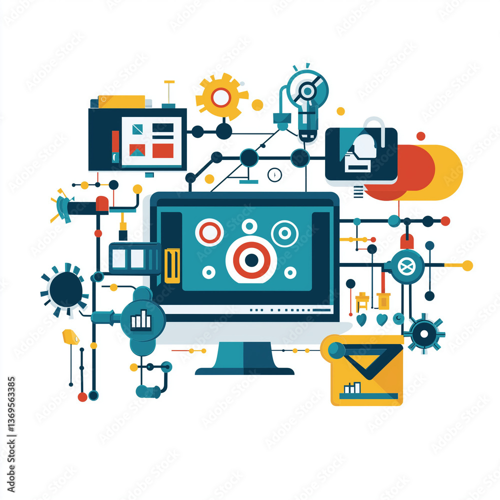 Naklejka premium Martech marketing strategy. CRM management. Automation insight. Marketing campaign automation with MarTech branding image for commercial use.